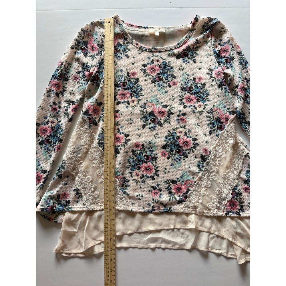 Tru Self Womens Floral Waffle Knit Top Lace Chiffon Trim Pink Blue Size M NEW - Picture 4 of 8
